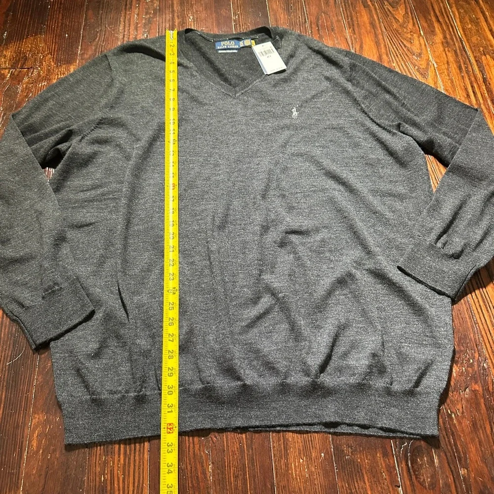 Polo Ralph Lauren Sweater Mens‎ 4XLT Gray 100% Merino Wool Knit V Neck Pony